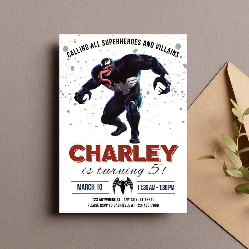 Puede incluir: Una invitaci&oacute;n de cumplea&ntilde;os con una ilustraci&oacute;n en blanco y negro de Venom, un personaje de Marvel Comics. La invitaci&oacute;n es para la fiesta de cumplea&ntilde;os n&uacute;mero 5 de Charley, que se celebrar&aacute; el 10 de marzo de 11:30 AM a 1:30 PM. La invitaci&oacute;n incluye la direcci&oacute;n y la informaci&oacute;n de RSVP.