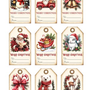 May include: Set of nine Christmas gift tags with festive watercolor illustrations. Designs include a snowman, Santa Claus, a gnome in a truck, bells, a bunny, a polar bear, a reindeer, and candy canes. Each tag has space for "To:" and "From:" and reads "MERRY CHRISTMAS".