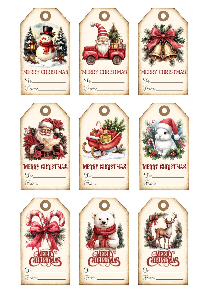 May include: Set of nine Christmas gift tags with festive watercolor illustrations. Designs include a snowman, Santa Claus, a gnome in a truck, bells, a bunny, a polar bear, a reindeer, and candy canes. Each tag has space for "To:" and "From:" and reads "MERRY CHRISTMAS".