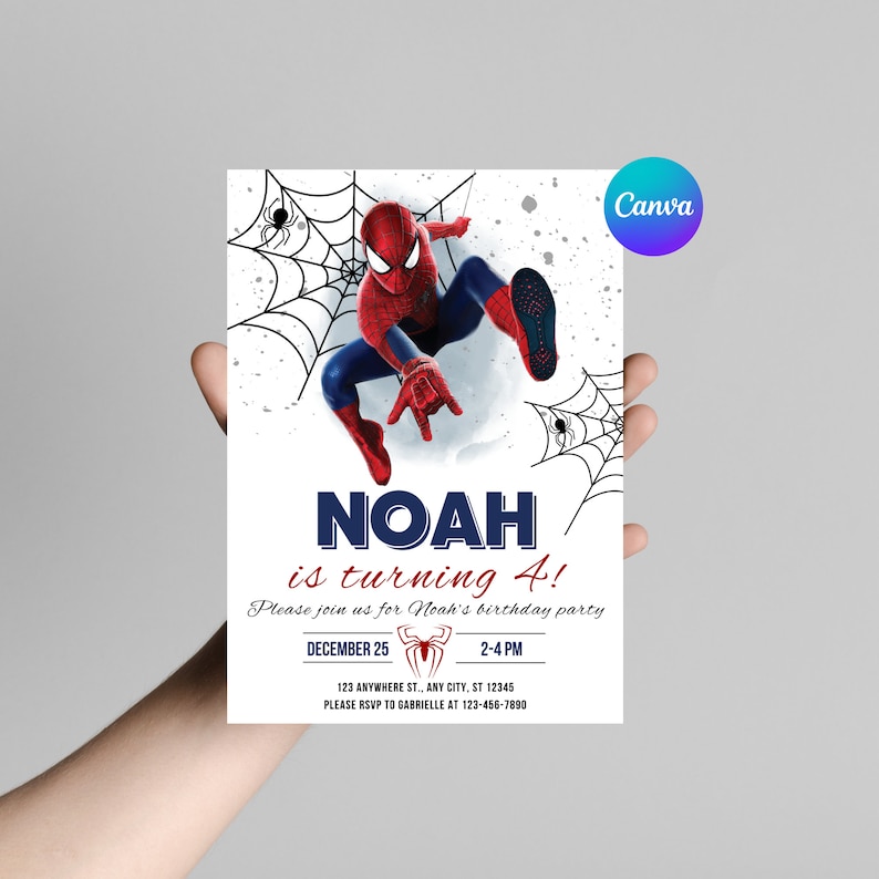 Peut inclure: Une invitation &agrave; une f&ecirc;te d'anniversaire Spiderman avec un personnage Spiderman rouge et bleu dans une toile d'araign&eacute;e. L'invitation indique "NOAH a 4 ans !" avec la date et l'heure de la f&ecirc;te.