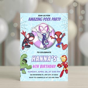 May include: A rectangular pool party invitation featuring cartoon superheroes including Spider-Man, Ghost-Spider, Hulk, and Iron Man. The text reads: JOIN US FOR AMAZING POOL PARTY TO CELEBRATE HANNA'S 4TH BIRTHDAY SUNDAY, APRIL 28, AT 3:00 PM 123 ANYWHERE ST., ANY CITY, ST 12345 RSVP TO GABRIELLE AT 123-456-7890.