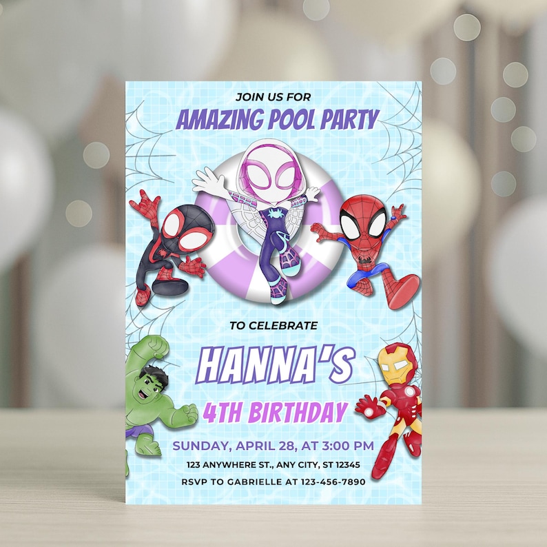 May include: A rectangular pool party invitation featuring cartoon superheroes including Spider-Man, Ghost-Spider, Hulk, and Iron Man. The text reads: JOIN US FOR AMAZING POOL PARTY TO CELEBRATE HANNA'S 4TH BIRTHDAY SUNDAY, APRIL 28, AT 3:00 PM 123 ANYWHERE ST., ANY CITY, ST 12345 RSVP TO GABRIELLE AT 123-456-7890.