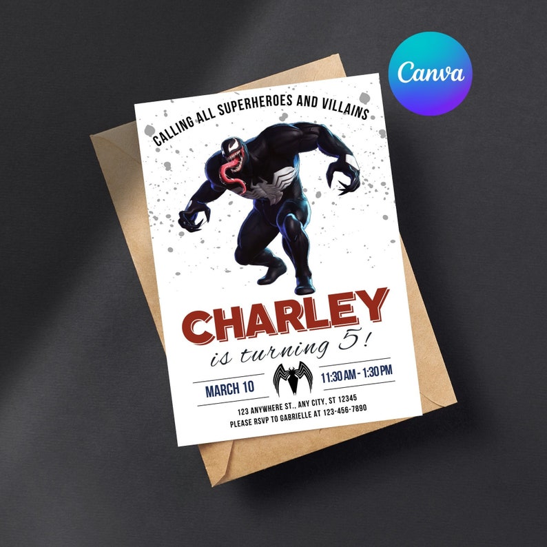 Plantilla de invitación de cumpleaños de Venom (descarga digital instantánea) - Invitaciones para fiesta de cumpleaños de Venom - Tarjeta de invitación editable para fiesta de cumpleaños de superhéroes para niño imagen 1