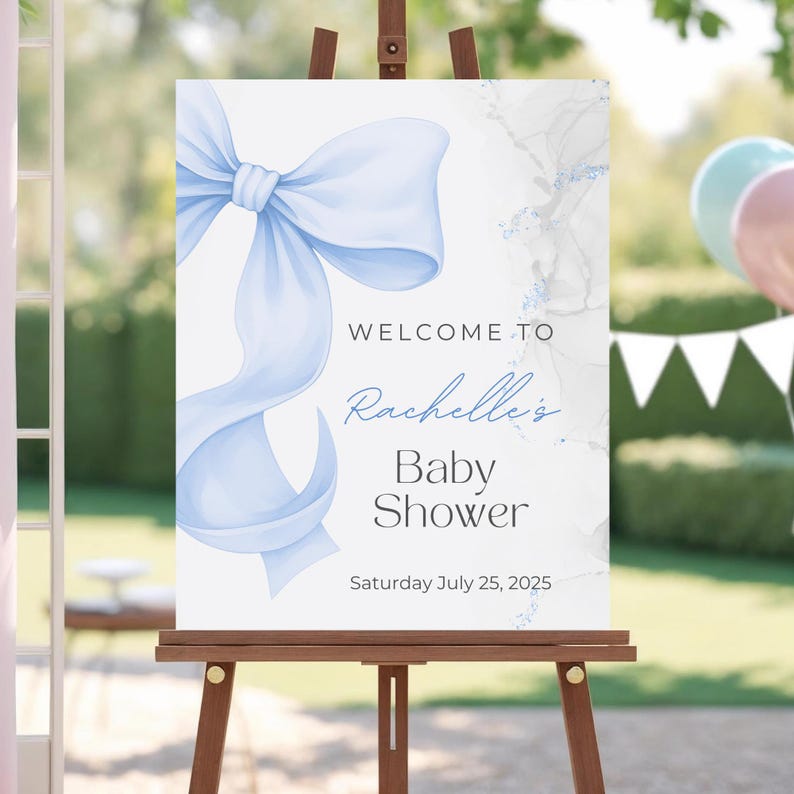 Blue Bow Baby Shower Welcome Sign - Printable Coquette Bow Boy Baby ...