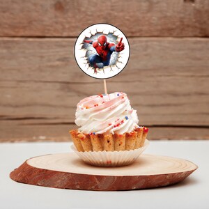 K&ouml;nnte beinhalten: Ein Cupcake mit rosa Frosting und bunten Streuseln, gekr&ouml;nt mit einem runden essbaren Bild von Spiderman, der eine Wand durchbricht.