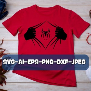 Puede incluir: Camiseta roja con una silueta negra de una ara&ntilde;a que sale del tejido. El texto "SVG-AI-EPS-PNG-DXF-JPEG" est&aacute; en la parte inferior de la imagen.