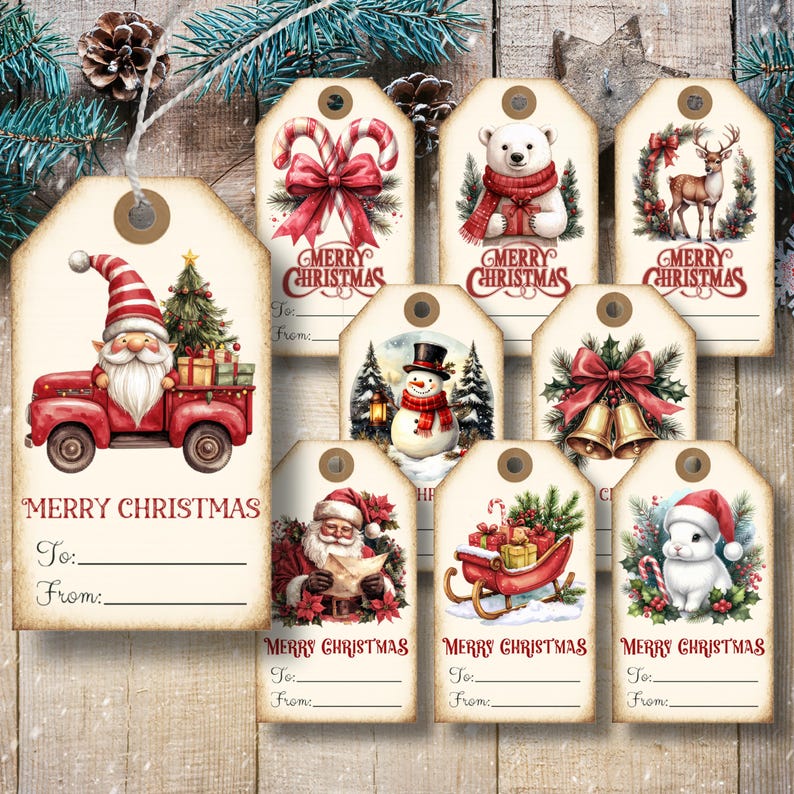 May include: A collection of Christmas gift tags with various festive illustrations. Designs include Santa in a truck, a polar bear, a snowman, and a reindeer. Each tag has "Merry Christmas" and space for "To:" and "From:"