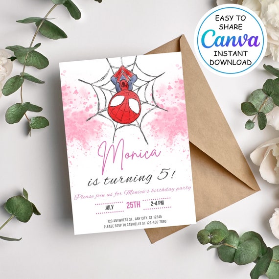 Editable Spiderman Girl Birthday Invitation - Printable Pink Spider-man Girls Birthday Party Invites - Template Canva Instant Download