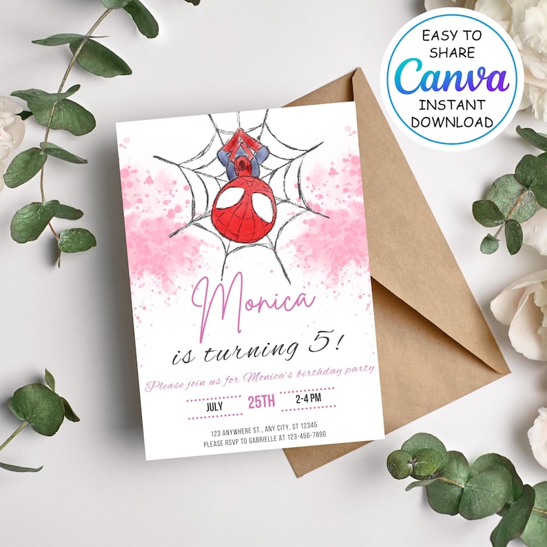 Editable Spiderman Girl Birthday Invitation - Printable Pink Spider-man Girls Birthday Party Invites - Template Canva Instant Download