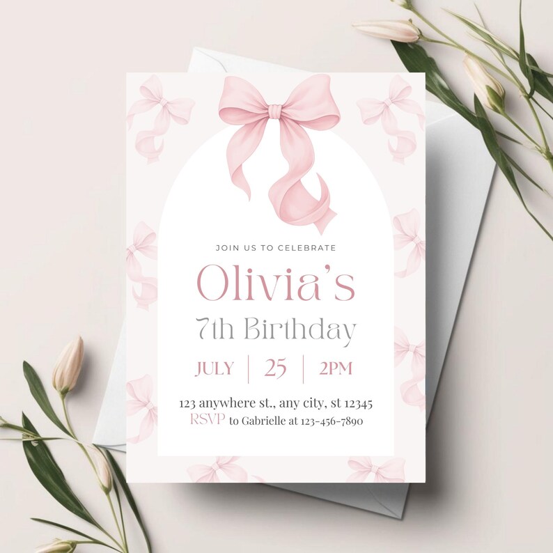 May include: A light pink birthday invitation with a large bow at the top and smaller bows scattered around. The text reads "Olivia's 7th Birthday" with the date and time. RSVP information is included.