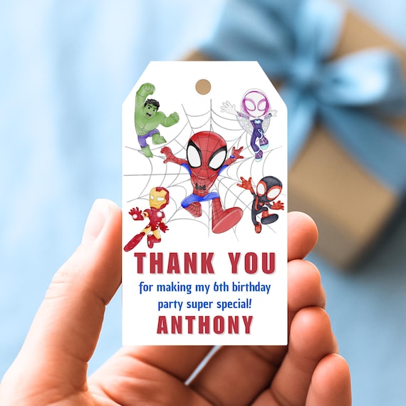 Editable Spiderman Birthday Favor Tags – Printable Superhero Thank You Tags – Spidey and His Friends Party Favor Labels – Canva Template