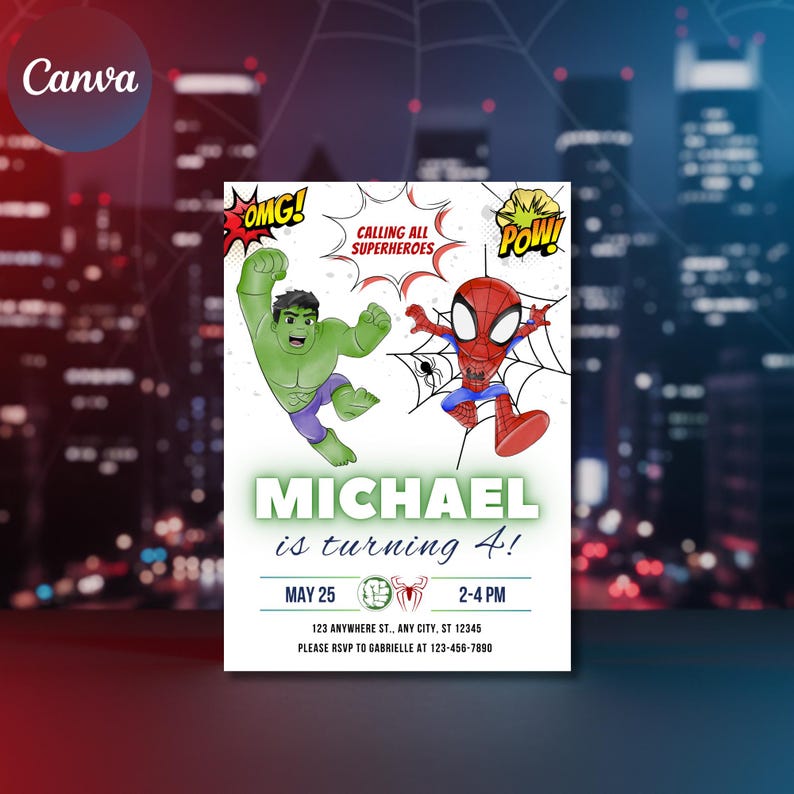 K&ouml;nnte beinhalten: Eine Geburtstagseinladung mit Superhelden-Illustrationen von Hulk und Spider-Man. Die Einladung enth&auml;lt den Text "MICHAEL wird 4!" mit Datum, Uhrzeit und RSVP-Informationen. Der Hintergrund zeigt eine Stadtlandschaft.