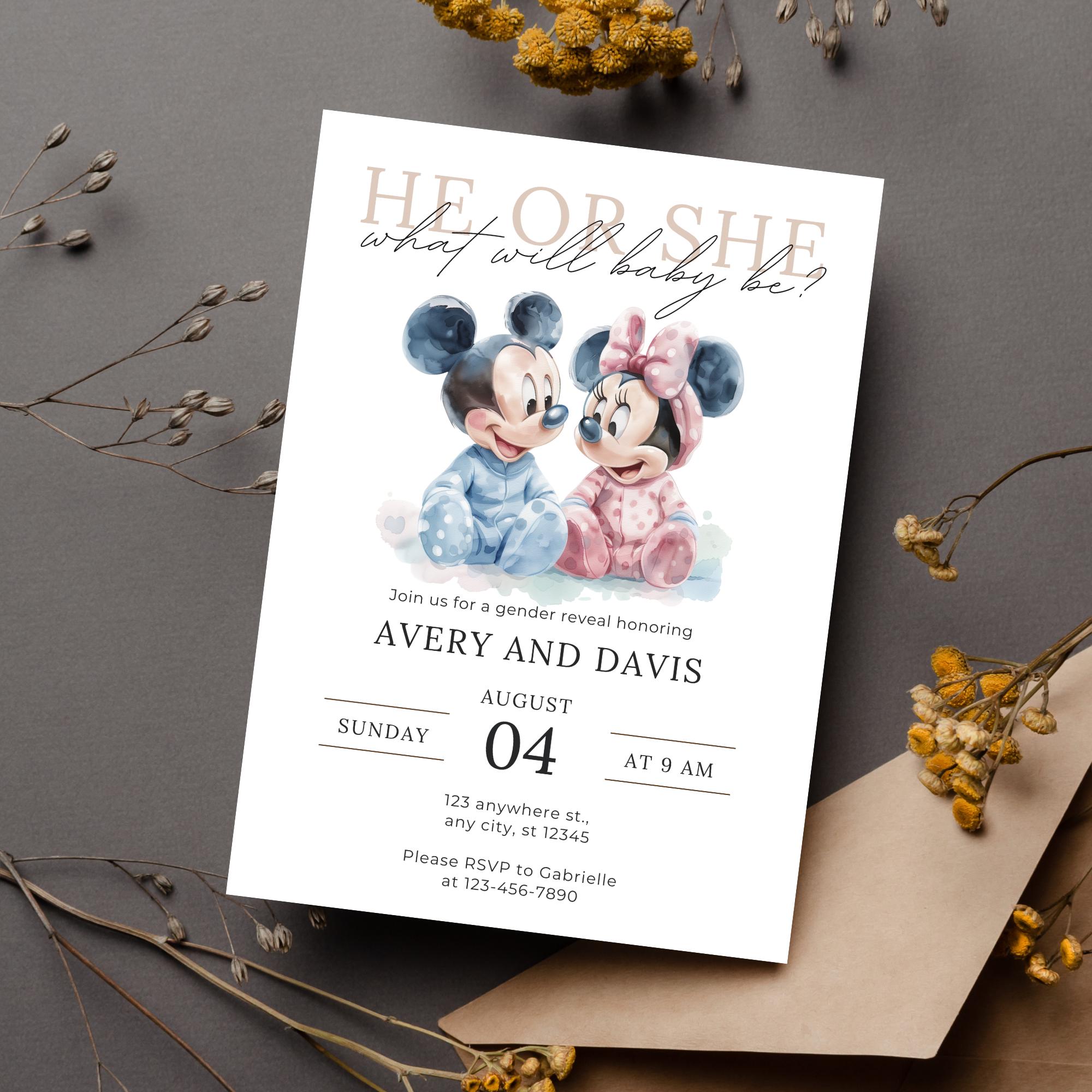 Mickey & Minnie Mouse Gender Reveal Invitation Digital Download - Editable Gender Reveal He or She Baby Shower Invite - Funny Template