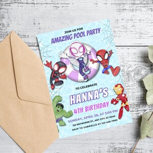 May include: A rectangular party invitation featuring cartoon superheroes including Spider-Man, Ghost-Spider, Miles Morales, Hulk, and Iron Man. The text reads JOIN US FOR AMAZING POOL PARTY TO CELEBRATE HANNA'S 4TH BIRTHDAY SUNDAY, APRIL 28, AT 3:00 PM.