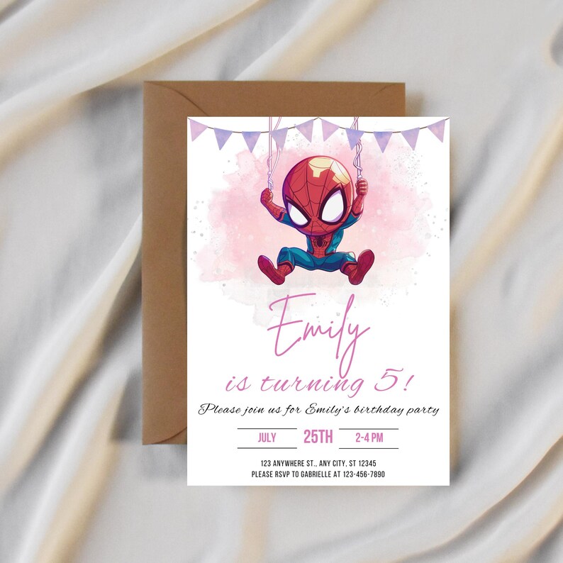 May include: A pink and purple birthday party invitation with a cartoon image of Spiderman swinging from a string of pink and purple flags. The text on the invitation reads "Emily is turning 5!" and includes the date, time, and location of the party.
