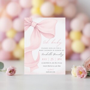 May include: A baby shower invitation with a large pink bow illustration. The invitation includes the text "Oh baby" and details for the event, including the honoree's name, date, time, and RSVP information.