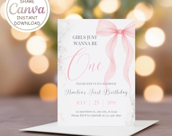 Girls Just Wanna Be One - Szablon zaproszenia na pierwsze urodziny z różową kokardką - Edytowalne zaproszenie na pierwsze urodziny dziecka - Zaproszenie urodzinowe z kokardką