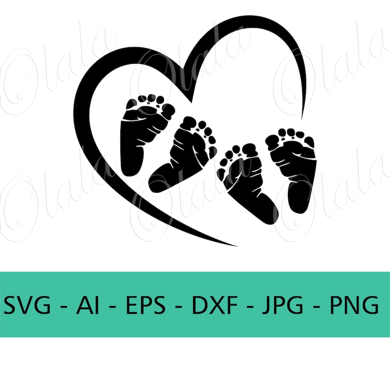 May include: Black and white silhouette of three baby footprints inside a heart shape.
