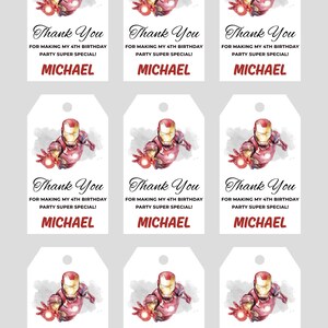 May include: White gift tags with an Iron Man illustration and the text "Thank You" and "For making my 4th birthday party super special!" The name "MICHAEL" is printed in red.