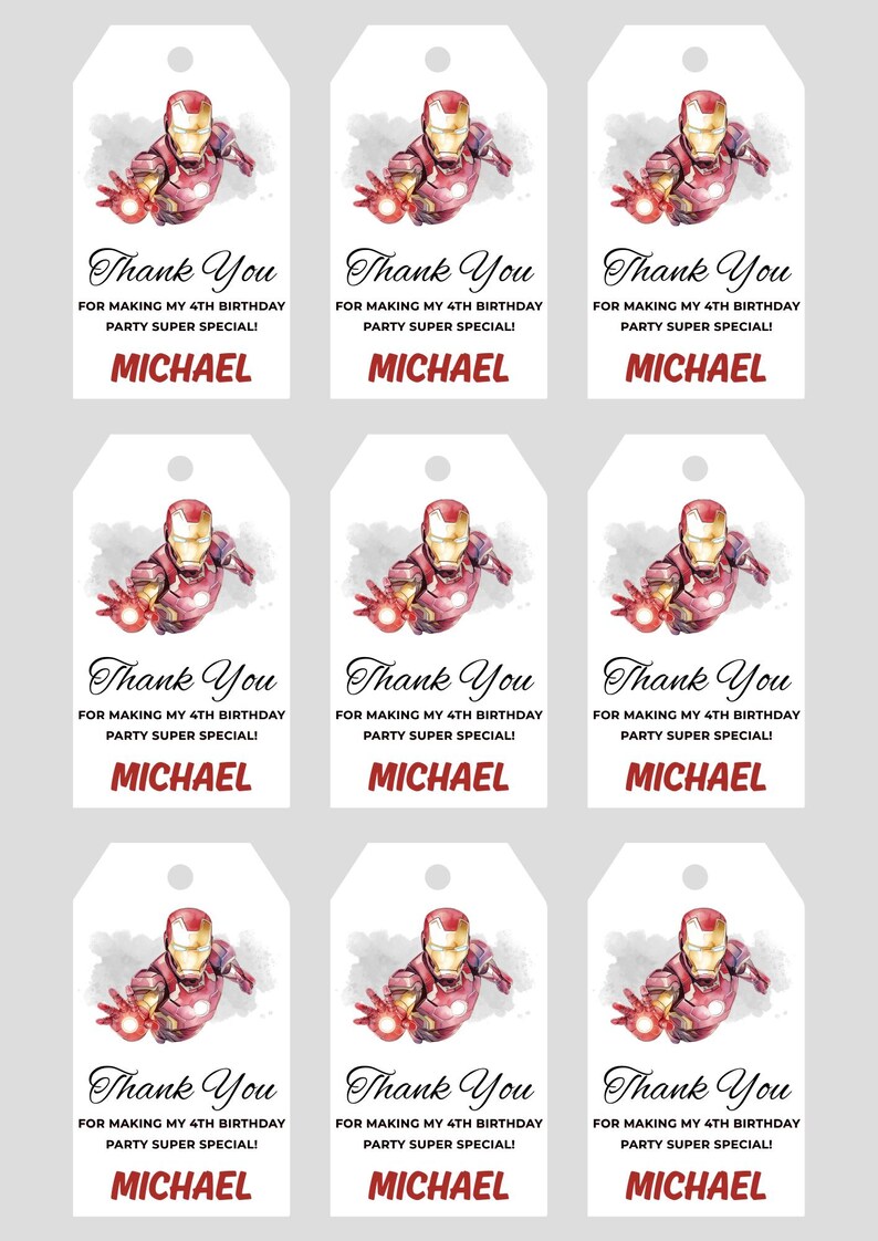 May include: White gift tags with an Iron Man illustration and the text "Thank You" and "For making my 4th birthday party super special!" The name "MICHAEL" is printed in red.