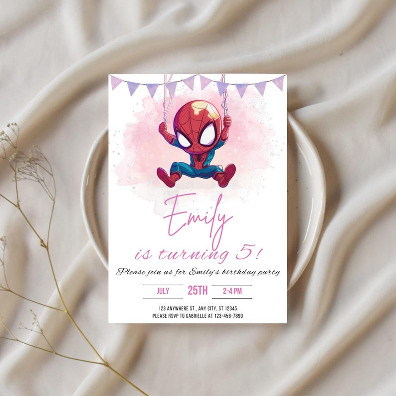May include: A pink and purple birthday party invitation with a cartoon image of Spider-Man swinging from a web. The text reads "Emily is turning 5!" and includes details about the party, including the date, time, and location.