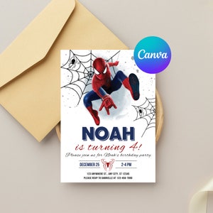 Peut inclure: Une invitation &agrave; une f&ecirc;te d'anniversaire avec une image de dessin anim&eacute; de Spiderman en rouge et bleu, avec un motif de toile d'araign&eacute;e en noir et blanc. Le texte indique "NOAH a 4 ans !" avec la date "DECEMBER 25" et l'heure "2-4 PM".