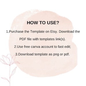 Peut inclure: Un arri&egrave;re-plan aquarelle rose et blanc avec le texte "COMMENT UTILISER?" et une liste d'instructions&nbsp;: 1. Achetez le mod&egrave;le sur Etsy. T&eacute;l&eacute;chargez le fichier PDF avec les liens vers les mod&egrave;les. 2. Utilisez un compte Canva gratuit pour une &eacute;dition rapide&nbsp;; 3. T&eacute;l&eacute;chargez le mod&egrave;le au format png ou pdf.