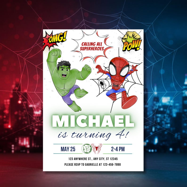 K&ouml;nnte beinhalten: Eine Geburtstagseinladung zum Thema Superhelden mit Hulk und Spider-Man. Die Einladung lautet "MICHAEL wird 4!" mit Datum, Uhrzeit und RSVP-Informationen. Comic-Stil Sprechblasen sagen "OMG!" und "POW!"