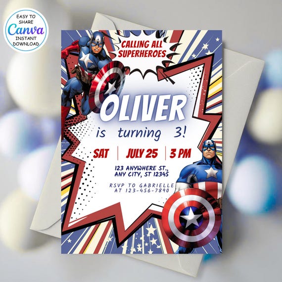 Editable Captain America Birthday Invitation Template - Editable Avengers Birthday Party Invites - Printable Superhero Birthday Boys Card