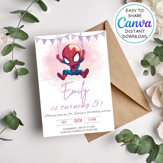 Spiderman Girls Birthday Invitation Template Instant Download - Editable Pink Spider man Girl Birthday Party Invites - Template Canva