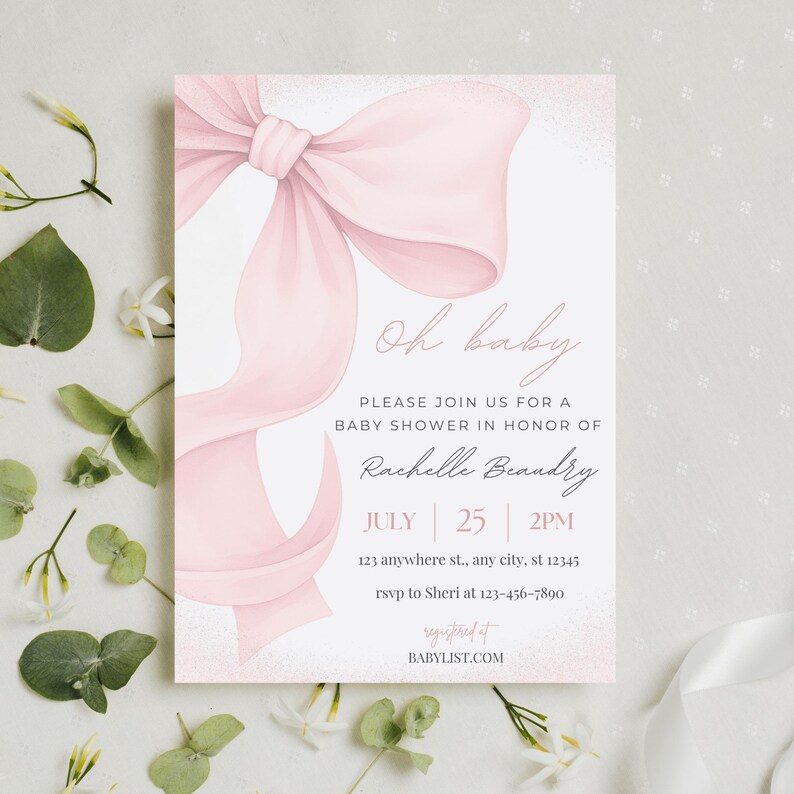 May include: A baby shower invitation with a large, watercolor-style pink bow on the upper left. The text "Oh baby" is written in elegant script, with details for the event, including the honoree's name, date, time, and location.