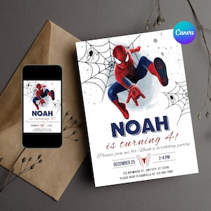Peut inclure: Une invitation d'anniversaire blanche avec un personnage de Spiderman rouge et bleu se balan&ccedil;ant sur une toile. L'invitation indique "Noah a 4 ans !" et comprend les d&eacute;tails de la f&ecirc;te, y compris la date, l'heure et le lieu.