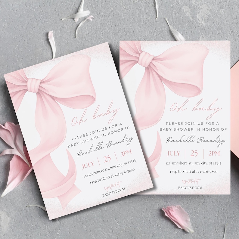 May include: Two baby shower invitations with a watercolor design. Each invitation features a large pink bow, the words "Oh baby," and event details including the name "Rachelle Brandry," date, time, and RSVP information.