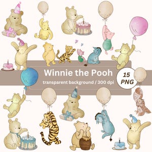 Paquete de imágenes prediseñadas de Winnie the Pooh - Imágenes prediseñadas clásicas de Winnie the Pooh - Descarga de imágenes prediseñadas transparentes - Baby Shower vintage de Pooh 15 PNG