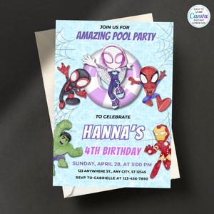 May include: A rectangular pool party invitation card featuring cartoon superheroes including Spider-Man, Ghost-Spider, and Hulk. The text reads: JOIN US FOR AMAZING POOL PARTY TO CELEBRATE HANNA'S 4TH BIRTHDAY, SUNDAY, APRIL 28, AT 3:00 PM, 123 ANYWHERE ST., ANY CITY, ST 12345, RSVP TO GABRIELLE AT 123-456-7890.