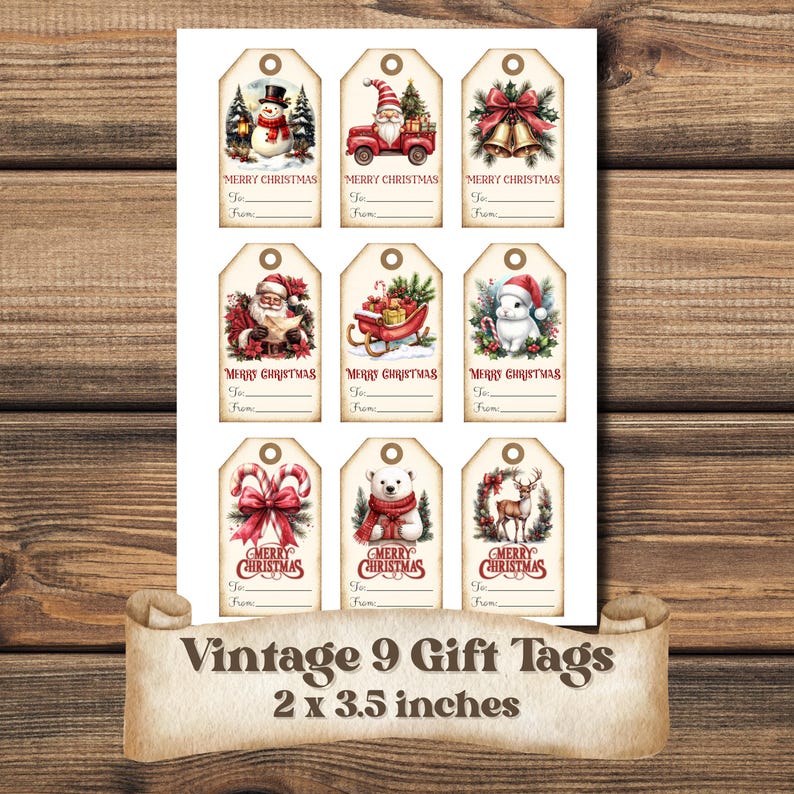 May include: Nine vintage-style Christmas gift tags with festive illustrations, including a snowman, Santa Claus, and a polar bear. Each tag has a space for "To" and "From" and the words "Merry Christmas". The tags are 2 x 3.5 inches.