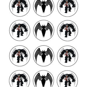 May include: Twelve round stickers featuring the superhero Venom. Six stickers show Venom in a menacing pose with his tongue out, and six stickers show Venom's symbol, a black spider with a white outline.