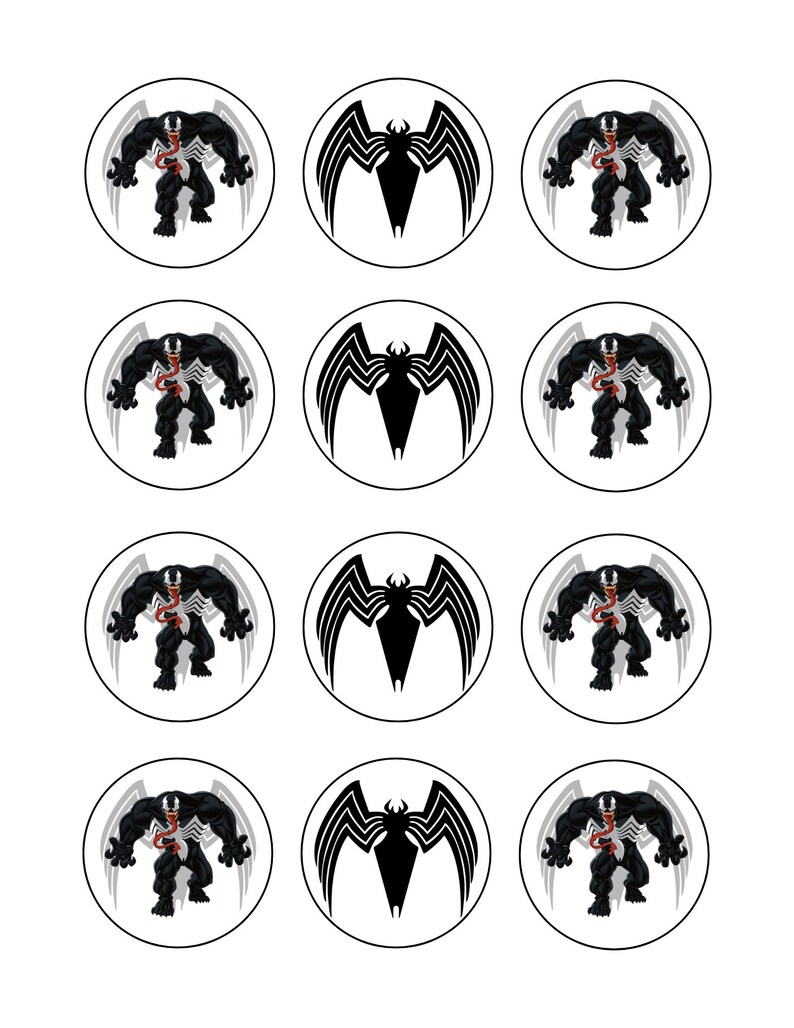 May include: Twelve round stickers featuring the superhero Venom. Six stickers show Venom in a menacing pose with his tongue out, and six stickers show Venom's symbol, a black spider with a white outline.