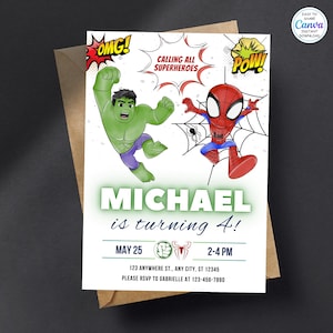 K&ouml;nnte beinhalten: Geburtstagseinladung im Superhelden-Stil mit Hulk und Spider-Man. Die Einladung enth&auml;lt den Text "MICHAEL wird 4!" mit Veranstaltungsdetails und RSVP-Informationen. Das Design beinhaltet Comic-Sprechblasen und einen braunen Umschlag.