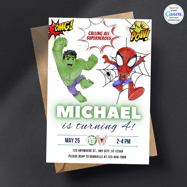 K&ouml;nnte beinhalten: Geburtstagseinladung im Superhelden-Stil mit Hulk und Spider-Man. Die Einladung enth&auml;lt den Text "MICHAEL wird 4!" mit Veranstaltungsdetails und RSVP-Informationen. Das Design beinhaltet Comic-Sprechblasen und einen braunen Umschlag.
