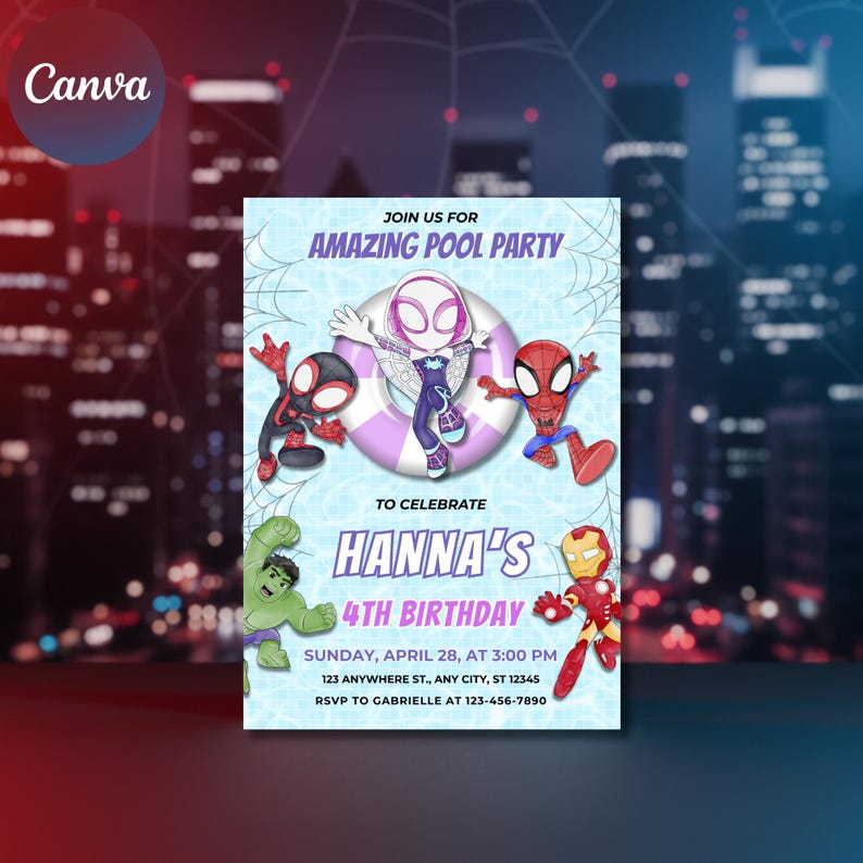 May include: A rectangular birthday party invitation featuring cartoon superheroes including Spider-Man, Ghost-Spider, Hulk, and Iron Man. The text reads: JOIN US FOR AMAZING POOL PARTY TO CELEBRATE HANNA'S 4TH BIRTHDAY SUNDAY, APRIL 28, AT 3:00 PM.