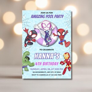 May include: A rectangular party invitation featuring a light blue background with spiderweb patterns. It displays cartoon superheroes including Spider-Man, Ghost-Spider, Hulk, and Iron Man. Text reads: JOIN US FOR AMAZING POOL PARTY TO CELEBRATE HANNA'S 4TH BIRTHDAY, SUNDAY, APRIL 28, AT 3:00 PM, 123 ANYWHERE ST., ANY CITY, ST 12345, RSVP TO GABRIELLE AT 123-456-7890.