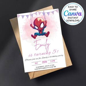 May include: A pink and purple watercolor background with a cartoon Spiderman hanging from a string of flags. The text "Emily is turning 5!" is written in pink cursive. The invitation includes details for a birthday party, including the date, time, and location.