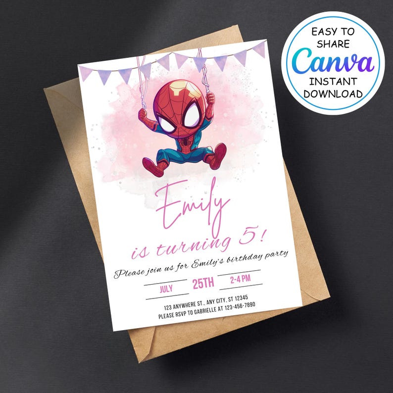 May include: A pink and purple watercolor background with a cartoon Spiderman hanging from a string of flags. The text "Emily is turning 5!" is written in pink cursive. The invitation includes details for a birthday party, including the date, time, and location.