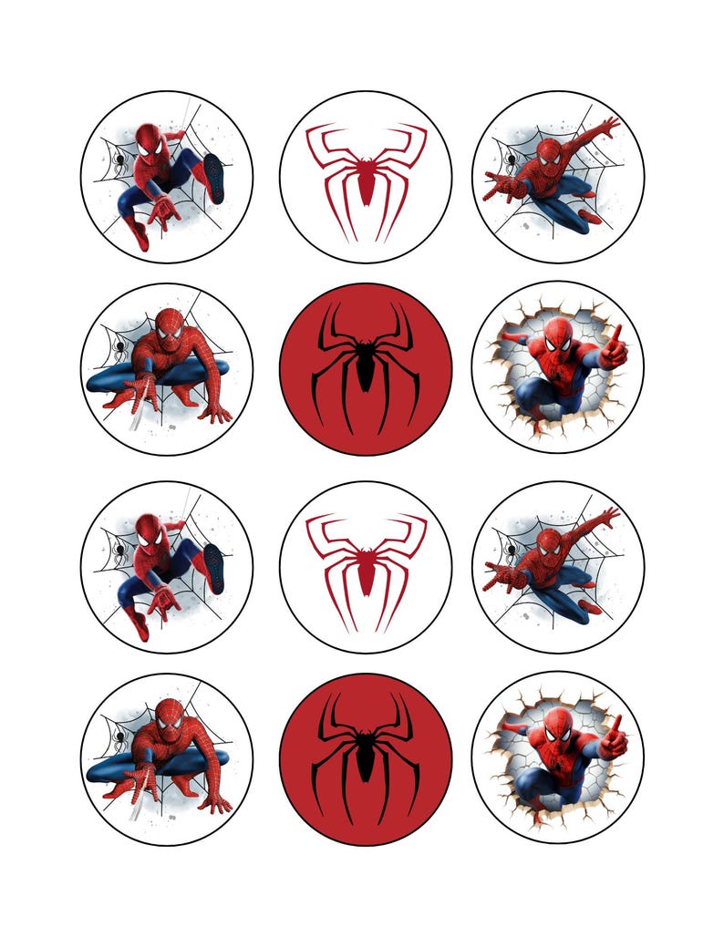 K&ouml;nnte beinhalten: Zw&ouml;lf runde Cupcake-Topper mit einem roten und blauen Superhelden mit Spinnennetz-Design. Einige Topper zeigen den Superhelden in Aktion, w&auml;hrend andere ein rotes Spinnennetz zeigen.