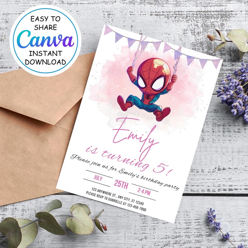 May include: A pink and purple watercolor birthday invitation with a cartoon image of Spiderman swinging from a web. The invitation says "Emily is turning 5!" and includes details for the party, including the date, time, and address.