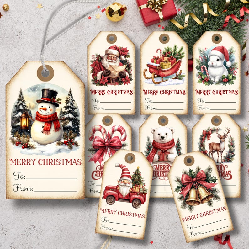 May include: A collection of vintage-style Christmas gift tags. Each tag features festive illustrations, including Santa Claus, snowmen, polar bears, and holiday decorations. The tags have space to write "To:" and "From:" and are tied with string.