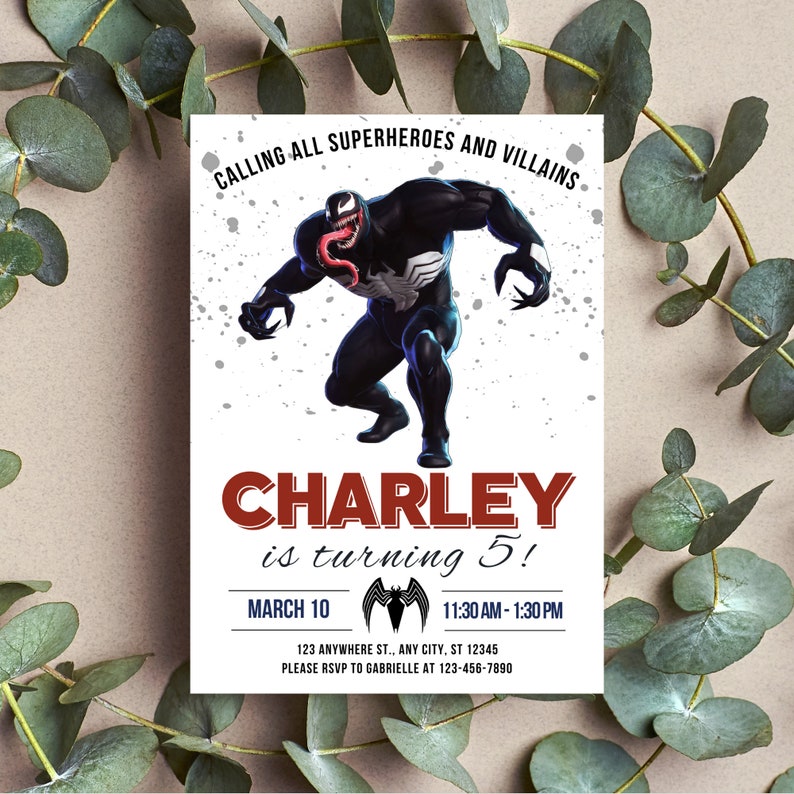 Puede incluir: Una invitaci&oacute;n blanca con un gr&aacute;fico de personaje Venom rojo y negro. El texto dice "Calling all superheroes and villains Charley is turning 5! March 10 11:30 AM-1:30 PM 123 Anywhere St., Any City, ST 12345 Please RSVP to Gabrielle at 123-456-7890"