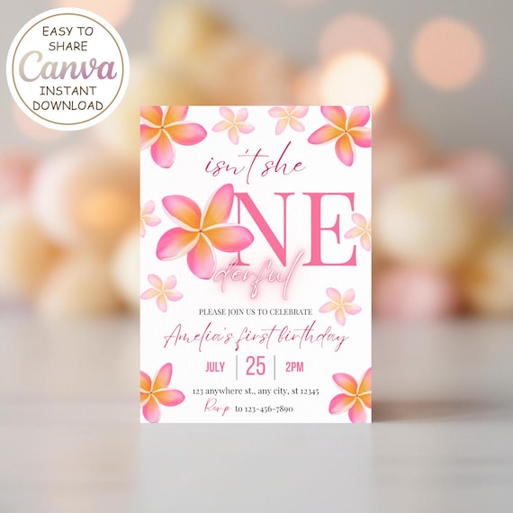 Floral Onederful Birthday Invitation Template - Editable Plumeria First Birthday Invitation - Flowers 1st Birthday Party Invite Digital