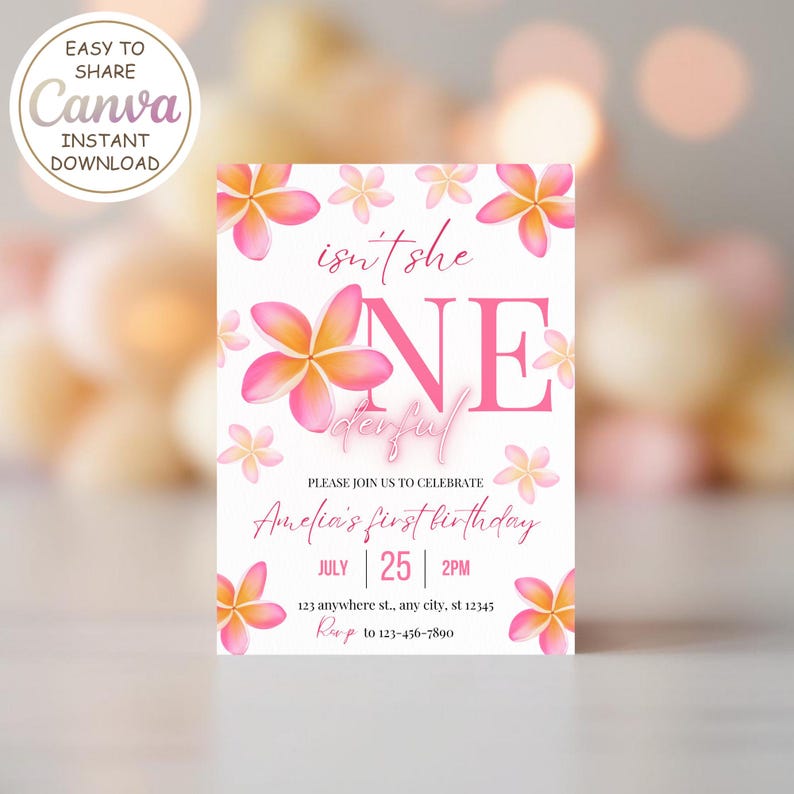 Floral Onederful Birthday Invitation Template - Editable Plumeria First Birthday Invitation - Flowers 1st Birthday Party Invite Digital